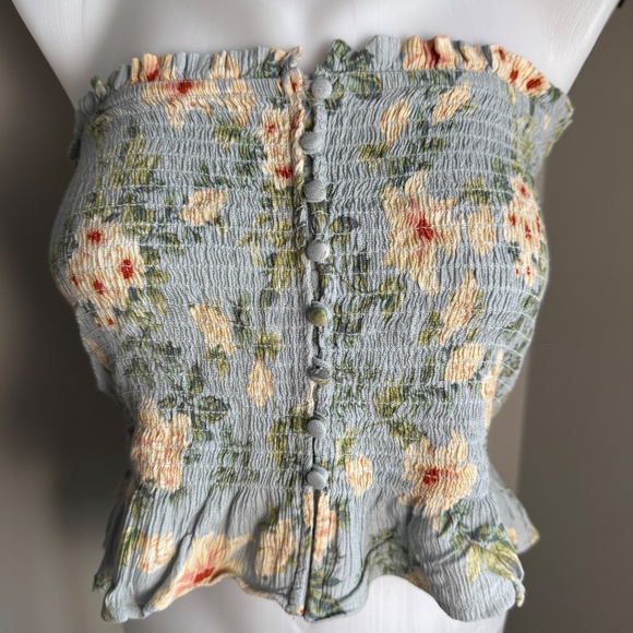 American Eagle Smocked Tube Top Ruffle Hem Blue Floral Medium Festival Y2K - Picture 6 of 14